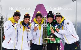 21.02.2014, Sochi, Russia (RUS): Bjoern Kircheisen (GER), Eric Frenzel (GER), Johannes Rydzek (GER), Tanja Winterhalder (GER), Fabian Riessle (GER), (l-r) - XXII. Olympic Winter Games Sochi 2014, nordic combined, medals, Sochi (RUS). www.nordicfocus.com. © NordicFocus. Every downloaded picture is fee-liable.