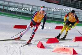20.02.2014, Sochi, Russia (RUS): Magnus Krog (NOR), Fischer, Alpina, Rottefella, Swix followed by Johannes Rydzek (GER), Fischer, Swix, Rottefella, Adidas - XXII. Olympic Winter Games Sochi 2014, nordic combined, team HS140/4x5km, Sochi (RUS). www.nordicfocus.com. © NordicFocus. Every downloaded picture is fee-liable.