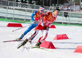 20.02.2014, Sochi, Russia (RUS): Hideaki Nagai (JPN), Fischer, Swix, Rottefella followed byPavel Churavy (CZE), Atomic, Swix, Salomon - XXII. Olympic Winter Games Sochi 2014, nordic combined, team HS140/4x5km, Sochi (RUS). www.nordicfocus.com. © NordicFocus. Every downloaded picture is fee-liable.