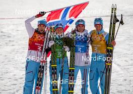 20.02.2014, Sochi, Russia (RUS): (l-r) Magnus Moan (NOR), Madshus, Rottefella, Swix, Haavard Klemetsen (NOR), Fischer, Swix, Alpina, Rottefella, Joergen Graabak (NOR), Fischer, Swix, Alpina, Rottefella and Magnus Krog (NOR), Fischer, Alpina, Rottefella, Swix - XXII. Olympic Winter Games Sochi 2014, nordic combined, team HS140/4x5km, Sochi (RUS). www.nordicfocus.com. © NordicFocus. Every downloaded picture is fee-liable.