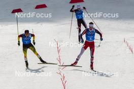 20.02.2014, Sochi, Russia (RUS): (l-r) Fabian Riessle (GER), Fischer, One Way, Rottefella, Adidas and Joergen Graabak (NOR), Fischer, Swix, Alpina, Rottefella followed by Mario Stecher (AUT), Madshus, Leki, Rottefella, Loeffler - XXII. Olympic Winter Games Sochi 2014, nordic combined, team HS140/4x5km, Sochi (RUS). www.nordicfocus.com. © NordicFocus. Every downloaded picture is fee-liable.
