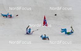 20.02.2014, Sochi, Russia (RUS): team Norway celebrating (l-r) Magnus Moan (NOR), Madshus, Rottefella, Swix, Joergen Graabak (NOR), Fischer, Swix, Alpina, Rottefella, Magnus Krog (NOR), Fischer, Alpina, Rottefella, Swix and Haavard Klemetsen (NOR), Fischer, Swix, Alpina, Rottefella - XXII. Olympic Winter Games Sochi 2014, nordic combined, team HS140/4x5km, Sochi (RUS). www.nordicfocus.com. © NordicFocus. Every downloaded picture is fee-liable.