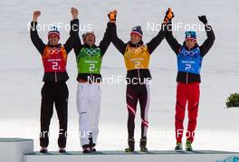 20.02.2014, Sochi, Russia (RUS): (l-r) Lukas Klapfer (AUT), Salomon, Swix, Loeffler, Christoph Bieler (AUT), Madshus, Leki, Rottefella, Loeffler, Bernhard Gruber (AUT), Fischer, Rottefella, Loeffler and Mario Stecher (AUT), Madshus, Leki, Rottefella, Loeffler - XXII. Olympic Winter Games Sochi 2014, nordic combined, team HS140/4x5km, Sochi (RUS). www.nordicfocus.com. © NordicFocus. Every downloaded picture is fee-liable.