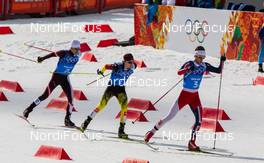 20.02.2014, Sochi, Russia (RUS): Joergen Graabak (NOR), Fischer, Swix, Alpina, Rottefella followed by Fabian Riessle (GER), Fischer, One Way, Rottefella, Adidas and Mario Stecher (AUT), Madshus, Leki, Rottefella, Loeffler - XXII. Olympic Winter Games Sochi 2014, nordic combined, team HS140/4x5km, Sochi (RUS). www.nordicfocus.com. © NordicFocus. Every downloaded picture is fee-liable.