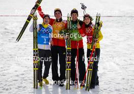 20.02.2014, Sochi, Russia (RUS): (l-r) Fabian Riessle (GER), Fischer, One Way, Rottefella, Adidas, Johannes Rydzek (GER), Fischer, Swix, Rottefella, Adidas, Bjoern Kircheisen (GER), Fischer, Leki, Rottefella, Adidas and Eric Frenzel (GER), Fischer, Leki, Rottefella, Adidas - XXII. Olympic Winter Games Sochi 2014, nordic combined, team HS140/4x5km, Sochi (RUS). www.nordicfocus.com. © NordicFocus. Every downloaded picture is fee-liable.