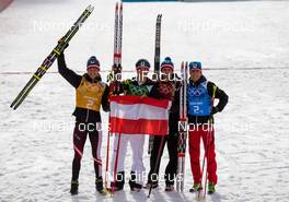 20.02.2014, Sochi, Russia (RUS): (l-r) Bernhard Gruber (AUT), Fischer, Rottefella, Loeffler, Christoph Bieler (AUT), Madshus, Leki, Rottefella, Loeffler, Lukas Klapfer (AUT), Salomon, Swix, Loeffler and Mario Stecher (AUT), Madshus, Leki, Rottefella, Loeffler - XXII. Olympic Winter Games Sochi 2014, nordic combined, team HS140/4x5km, Sochi (RUS). www.nordicfocus.com. © NordicFocus. Every downloaded picture is fee-liable.