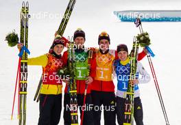 20.02.2014, Sochi, Russia (RUS): (l-r) Eric Frenzel (GER), Fischer, Leki, Rottefella, Adidas, Bjoern Kircheisen (GER), Fischer, Leki, Rottefella, Adidas, Johannes Rydzek (GER), Fischer, Swix, Rottefella, Adidas and Fabian Riessle (GER), Fischer, One Way, Rottefella, Adidas - XXII. Olympic Winter Games Sochi 2014, nordic combined, team HS140/4x5km, Sochi (RUS). www.nordicfocus.com. © NordicFocus. Every downloaded picture is fee-liable.