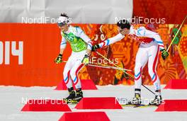 20.02.2014, Sochi, Russia (RUS): (l-r) Francois Braud (FRA), Fischer, One Way, Rottefella and Sebastian Lacroix (FRA), Salomon, One Way - XXII. Olympic Winter Games Sochi 2014, nordic combined, team HS140/4x5km, Sochi (RUS). www.nordicfocus.com. © NordicFocus. Every downloaded picture is fee-liable.