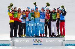 20.02.2014, Sochi, Russia (RUS): all the teams on the podium (l-r) Germany, Norway and Austria - XXII. Olympic Winter Games Sochi 2014, nordic combined, team HS140/4x5km, Sochi (RUS). www.nordicfocus.com. © NordicFocus. Every downloaded picture is fee-liable.