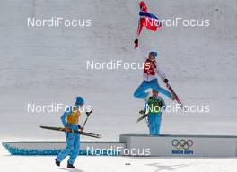 20.02.2014, Sochi, Russia (RUS): (l-r) Magnus Krog (NOR), Fischer, Alpina, Rottefella, Swix, Magnus Moan (NOR), Madshus, Rottefella, Swix and Haavard Klemetsen (NOR), Fischer, Swix, Alpina, Rottefella - XXII. Olympic Winter Games Sochi 2014, nordic combined, team HS140/4x5km, Sochi (RUS). www.nordicfocus.com. © NordicFocus. Every downloaded picture is fee-liable.