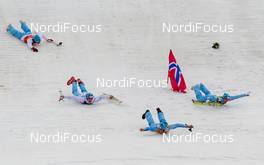 20.02.2014, Sochi, Russia (RUS): team Norway celebrating (l-r) Magnus Moan (NOR), Madshus, Rottefella, Swix, Joergen Graabak (NOR), Fischer, Swix, Alpina, Rottefella, Magnus Krog (NOR), Fischer, Alpina, Rottefella, Swix and Haavard Klemetsen (NOR), Fischer, Swix, Alpina, Rottefella - XXII. Olympic Winter Games Sochi 2014, nordic combined, team HS140/4x5km, Sochi (RUS). www.nordicfocus.com. © NordicFocus. Every downloaded picture is fee-liable.