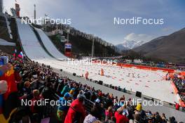 20.02.2014, Sochi, Russia (RUS): Russki Gorki ski jumping stadium during the nordic combined competition - XXII. Olympic Winter Games Sochi 2014, nordic combined, team HS140/4x5km, Sochi (RUS). www.nordicfocus.com. © NordicFocus. Every downloaded picture is fee-liable.