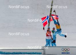 20.02.2014, Sochi, Russia (RUS): (l-r) Magnus Moan (NOR), Madshus, Rottefella, Swix, Haavard Klemetsen (NOR), Fischer, Swix, Alpina, Rottefella and Magnus Krog (NOR), Fischer, Alpina, Rottefella, Swix - XXII. Olympic Winter Games Sochi 2014, nordic combined, team HS140/4x5km, Sochi (RUS). www.nordicfocus.com. © NordicFocus. Every downloaded picture is fee-liable.