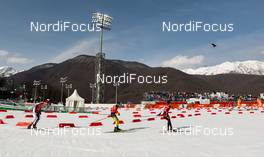 20.02.2014, Sochi, Russia (RUS): (l-r) Magnus Moan (NOR), Madshus, Rottefella, Swix, Eric Frenzel (GER), Fischer, Leki, Rottefella, Adidas and Lukas Klapfer (AUT), Salomon, Swix, Loeffler - XXII. Olympic Winter Games Sochi 2014, nordic combined, team HS140/4x5km, Sochi (RUS). www.nordicfocus.com. © NordicFocus. Every downloaded picture is fee-liable.