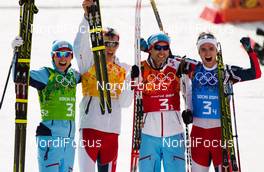 20.02.2014, Sochi, Russia (RUS): (l-r) Haavard Klemetsen (NOR), Fischer, Swix, Alpina, Rottefella, Magnus Krog (NOR), Fischer, Alpina, Rottefella, Swix, Magnus Moan (NOR), Madshus, Rottefella, Swix and Joergen Graabak (NOR), Fischer, Swix, Alpina, Rottefella - XXII. Olympic Winter Games Sochi 2014, nordic combined, team HS140/4x5km, Sochi (RUS). www.nordicfocus.com. © NordicFocus. Every downloaded picture is fee-liable.