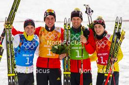 20.02.2014, Sochi, Russia (RUS): (l-r) Fabian Riessle (GER), Fischer, One Way, Rottefella, Adidas, Johannes Rydzek (GER), Fischer, Swix, Rottefella, Adidas, Bjoern Kircheisen (GER), Fischer, Leki, Rottefella, Adidas and Eric Frenzel (GER), Fischer, Leki, Rottefella, Adidas - XXII. Olympic Winter Games Sochi 2014, nordic combined, team HS140/4x5km, Sochi (RUS). www.nordicfocus.com. © NordicFocus. Every downloaded picture is fee-liable.