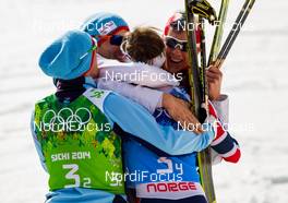 20.02.2014, Sochi, Russia (RUS): team Norway celebrates the victory - XXII. Olympic Winter Games Sochi 2014, nordic combined, team HS140/4x5km, Sochi (RUS). www.nordicfocus.com. © NordicFocus. Every downloaded picture is fee-liable.
