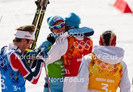20.02.2014, Sochi, Russia (RUS): (l-r) Joergen Graabak (NOR), Fischer, Swix, Alpina, Rottefella, Haavard Klemetsen (NOR), Fischer, Swix, Alpina, Rottefella, Magnus Moan (NOR), Madshus, Rottefella, Swix and Magnus Krog (NOR), Fischer, Alpina, Rottefella, Swix - XXII. Olympic Winter Games Sochi 2014, nordic combined, team HS140/4x5km, Sochi (RUS). www.nordicfocus.com. © NordicFocus. Every downloaded picture is fee-liable.