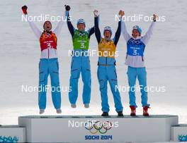 20.02.2014, Sochi, Russia (RUS): (l-r) Magnus Moan (NOR), Madshus, Rottefella, Swix, Haavard Klemetsen (NOR), Fischer, Swix, Alpina, Rottefella, Magnus Krog (NOR), Fischer, Alpina, Rottefella, Swix and Joergen Graabak (NOR), Fischer, Swix, Alpina, Rottefella - XXII. Olympic Winter Games Sochi 2014, nordic combined, team HS140/4x5km, Sochi (RUS). www.nordicfocus.com. © NordicFocus. Every downloaded picture is fee-liable.