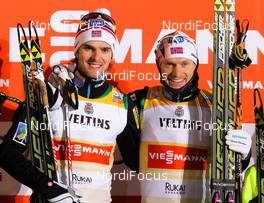 30.11.2014, Ruka, Finland (FIN): (l-r) Joergen Graabak (NOR), Fischer, Swix, Alpina, Rottefella and Haavard Klemetsen (NOR), Fischer, Swix, Alpina, Rottefella - FIS world cup nordic combined, team sprint HS142/2x7.5km, Ruka (FIN). www.nordicfocus.com. © Laiho/NordicFocus. Every downloaded picture is fee-liable.