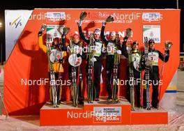 30.11.2014, Ruka, Finland (FIN): (l-r) Eric Frenzel (GER), Fischer, Leki, Rottefella, Adidas, Bjoern Kircheisen (GER), Fischer, Leki, Rottefella, Adidas, Joergen Graabak (NOR), Fischer, Swix, Alpina, Rottefella, Haavard Klemetsen (NOR), Fischer, Swix, Alpina, Rottefella, Francois Braud (FRA), Fischer, One Way, Rottefella and Jason Lamy Chappuis (FRA), Salomon, Swix, One Way - FIS world cup nordic combined, team sprint HS142/2x7.5km, Ruka (FIN). www.nordicfocus.com. © Laiho/NordicFocus. Every downloaded picture is fee-liable.