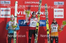 19.01.2014, Zakopane, Poland (POL): (C) Winner Anders Bardal (NOR), Fischer, (L) Peter Prevc (SLO), Elan, (R) Richard Freitag (GER), Fischer - FIS world cup ski jumping, individual HS134, Zakopane (POL). www.nordicfocus.com. © Nurkiewicz/NordicFocus. Every downloaded picture is fee-liable.