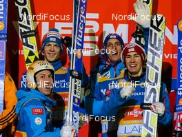 01.03.2014, Lahti, Finland (FIN): (l-r) Thomas Diethart (AUT), Michael Hayboeck (AUT), Fischer, Gregor Schlierenzauer (AUT), Fischer and Stefan Kraft (AUT), Fischer - FIS world cup ski jumping, team HS130, Lahti (FIN). www.nordicfocus.com. © Laiho/NordicFocus. Every downloaded picture is fee-liable.