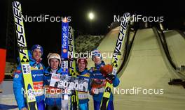 01.03.2014, Lahti, Finland (FIN): (l-r) Gregor Schlierenzauer (AUT), Fischer, Thomas Diethart (AUT), Stefan Kraft (AUT), Fischer and Michael Hayboeck (AUT), Fischer - FIS world cup ski jumping, team HS130, Lahti (FIN). www.nordicfocus.com. © Laiho/NordicFocus. Every downloaded picture is fee-liable.