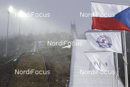 15.03.2014, Harrachov, Czech Republic (CZE): flags flutter in the wind at the venue - FIS ski flying world championships, ski jumping, individual HS205, Harrachov (CZE). www.nordicfocus.com. © Domanski/NordicFocus. Every downloaded picture is fee-liable.