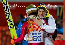 09.02.2014, Sochi, Russia (RUS): (l-r) Kamil Stoch (POL), Fischer ans Andreas Wank (GER) - XXII. Olympic Winter Games Sochi 2014, ski jumping, individual HS106, Sochi (RUS). www.nordicfocus.com. © NordicFocus. Every downloaded picture is fee-liable.