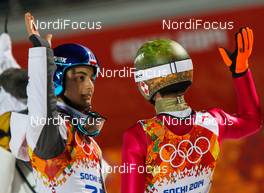 09.02.2014, Sochi, Russia (RUS): (l-r) Maciej Kot (POL), Fischer and Kamil Stoch (POL), Fischer - XXII. Olympic Winter Games Sochi 2014, ski jumping, individual HS106, Sochi (RUS). www.nordicfocus.com. © NordicFocus. Every downloaded picture is fee-liable.