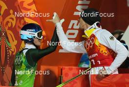 17.02.2014, Sochi, Russia (RUS): (l-r) Marinus Kraus (GER), Fischer and Andreas Wank (GER) - XXII. Olympic Winter Games Sochi 2014, ski jumping, team HS140, Sochi (RUS). www.nordicfocus.com. © NordicFocus. Every downloaded picture is fee-liable.