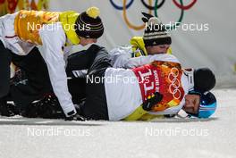 17.02.2014, Sochi, Russia (RUS): german team celebrating the olympic victory (l-r) Andreas Wellinger (GER), Fluege.de, Marinus Kraus (GER), Fischer, Andreas Wank (GER) and Severin Freund (GER), Fischer - XXII. Olympic Winter Games Sochi 2014, ski jumping, team HS140, Sochi (RUS). www.nordicfocus.com. © NordicFocus. Every downloaded picture is fee-liable.