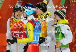 17.02.2014, Sochi, Russia (RUS): (l-r) Andreas Wank (GER), Severin Freund (GER), Fischer, Andreas Wellinger (GER), Fluege.de and Marinus Kraus (GER), Fischer - XXII. Olympic Winter Games Sochi 2014, ski jumping, team HS140, Sochi (RUS). www.nordicfocus.com. © NordicFocus. Every downloaded picture is fee-liable.