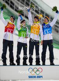 17.02.2014, Sochi, Russia (RUS): (l-r) Andreas Wank (GER), Marinus Kraus (GER), Fischer, Andreas Wellinger (GER), Fluege.de and Severin Freund (GER), Fischer - XXII. Olympic Winter Games Sochi 2014, ski jumping, team HS140, Sochi (RUS). www.nordicfocus.com. © NordicFocus. Every downloaded picture is fee-liable.