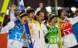 17.02.2014, Sochi, Russia (RUS): (l-r) Severin Freund (GER), Fischer, Andreas Wellinger (GER), Fluege.de, Alfons Hoerman (GER), Marinus Kraus (GER), Fischer and Andreas Wank (GER) - XXII. Olympic Winter Games Sochi 2014, ski jumping, team HS140, Sochi (RUS). www.nordicfocus.com. © NordicFocus. Every downloaded picture is fee-liable.