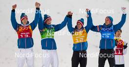 17.02.2014, Sochi, Russia (RUS): (l-r) Michael Hayboeck (AUT), Fischer, Thomas Morgenstern (AUT), Fischer, Thomas Diethart (AUT) and Gregor Schlierenzauer (AUT), Fischer - XXII. Olympic Winter Games Sochi 2014, ski jumping, team HS140, Sochi (RUS). www.nordicfocus.com. © NordicFocus. Every downloaded picture is fee-liable.