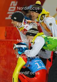 17.02.2014, Sochi, Russia (RUS): (l-r) Severin Freund (GER), Fischer, Andreas Wank (GER), Marinus Kraus (GER), Fischer and Andreas Wellinger (GER), Fluege.de - XXII. Olympic Winter Games Sochi 2014, ski jumping, team HS140, Sochi (RUS). www.nordicfocus.com. © NordicFocus. Every downloaded picture is fee-liable.