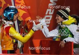 17.02.2014, Sochi, Russia (RUS): (l-r) Andreas Wellinger (GER), Fluege.de and Marinus Kraus (GER), Fischer - XXII. Olympic Winter Games Sochi 2014, ski jumping, team HS140, Sochi (RUS). www.nordicfocus.com. © NordicFocus. Every downloaded picture is fee-liable.