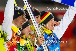 17.02.2014, Sochi, Russia (RUS): (l-r) Andreas Wank (GER), Marinus Kraus (GER), Fischer, Andreas Wellinger (GER), Fluege.de and Severin Freund (GER), Fischer - XXII. Olympic Winter Games Sochi 2014, ski jumping, team HS140, Sochi (RUS). www.nordicfocus.com. © NordicFocus. Every downloaded picture is fee-liable.