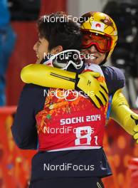 17.02.2014, Sochi, Russia (RUS): (l-r) Reruhi Shimizu (JPN), Fischer and Noriaki Kasai (JPN), Fischer - XXII. Olympic Winter Games Sochi 2014, ski jumping, team HS140, Sochi (RUS). www.nordicfocus.com. © NordicFocus. Every downloaded picture is fee-liable.