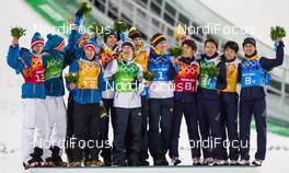 17.02.2014, Sochi, Russia (RUS): all the teams on the podium (l-r) Austria, Germany and Japan - XXII. Olympic Winter Games Sochi 2014, ski jumping, team HS140, Sochi (RUS). www.nordicfocus.com. © NordicFocus. Every downloaded picture is fee-liable.