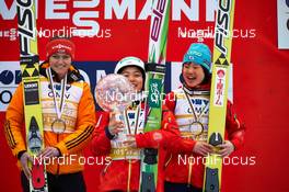 22.03.2014, Planica, Slovenia (SLO): Carina Vogt (GER), Sara Takanashi (JPN), Yuki Ito (JPN), (l-r) - FIS world cup ski jumping ladies, cups, Planica (SLO). www.nordicfocus.com. © Felgenhauer/NordicFocus. Every downloaded picture is fee-liable.