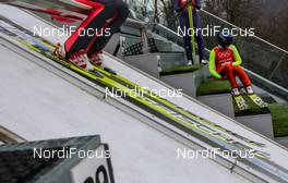 09.02.2014, Sochi, Russia (RUS): skis at the start - XXII. Olympic Winter Games Sochi 2014, ski jumping ladies, training, Sochi (RUS). www.nordicfocus.com. © NordicFocus. Every downloaded picture is fee-liable.