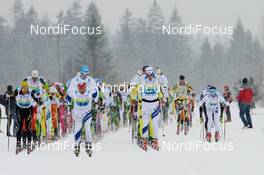 02.02.2014, Oberammergau, Germany (GER): leaders after 23 km, Eugeniy  Dementiev (RUS), Lars Ljung (SWE), Fredrik Byström (SWE), Roger Aa Djupvik (NOR), (l-r) - FIS Marathon Cup Koenig Ludwig Lauf, Oberammergau (GER). www.nordicfocus.com. © Rauschendorfer/NordicFocus. Every downloaded picture is fee-liable.
