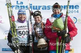 09.02.2014, Morez, France (FRA): l-r Célia Bourgeois (FRA), Fischer, Rottefella, One Way, Odlo, Aurelie Dabudyk (FRA), Olga Rotcheva (RUS), Fischer, Rottefella, Rossignol, Swix, adidas - FIS Marathon Cup La Transjurassienne, Morez (FRA). www.nordicfocus.com. © Becker/NordicFocus. Every downloaded picture is fee-liable.