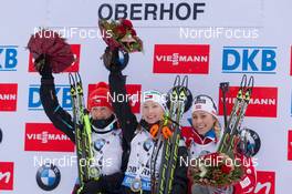 11.01.2015, Oberhof, Germany (GER): Veronika Vitkova (CZE), Darya Domracheva (BLR), Tiril Eckhoff (NOR) - IBU world cup biathlon, mass women, Oberhof (GER). www.nordicfocus.com. © Manzoni/NordicFocus. Every downloaded picture is fee-liable.