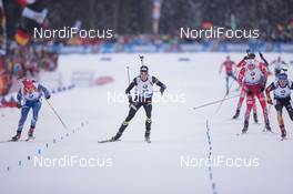 18.01.2015, Ruhpolding, Germany (GER): Michal Slesingr (CZE), Quentin Fillon Maillet (FRA), Simon Schempp (GER) - IBU world cup biathlon, mass men, Ruhpolding (GER). www.nordicfocus.com. © Manzoni/NordicFocus. Every downloaded picture is fee-liable.
