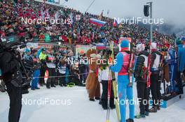 18.01.2015, Ruhpolding, Germany (GER): Event Feature: Athletes line up for the flower ceremony - IBU world cup biathlon, mass men, Ruhpolding (GER). www.nordicfocus.com. © Manzoni/NordicFocus. Every downloaded picture is fee-liable.