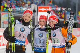 14.01.2015, Ruhpolding, Germany (GER): Franziska Preuss (GER), Laura Dahlmeier (GER), Franziska Hildebrand (GER) - IBU world cup biathlon, relay women, Ruhpolding (GER). www.nordicfocus.com. © Manzoni/NordicFocus. Every downloaded picture is fee-liable.